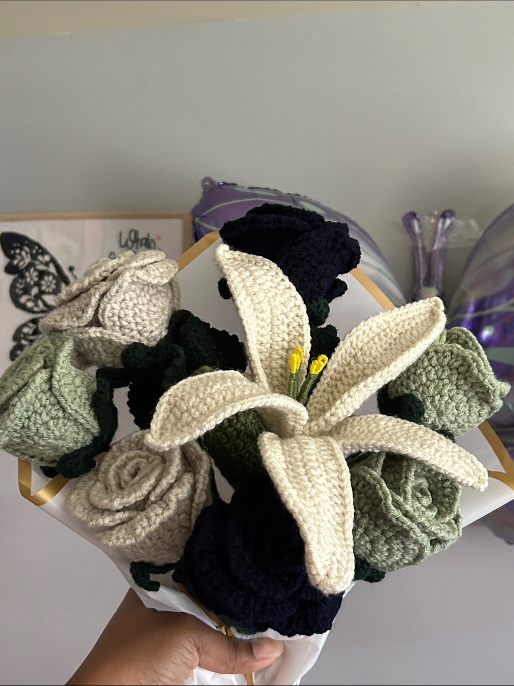 Handmade Crocheted Flower Bouquet in Cream, Sage & Navy